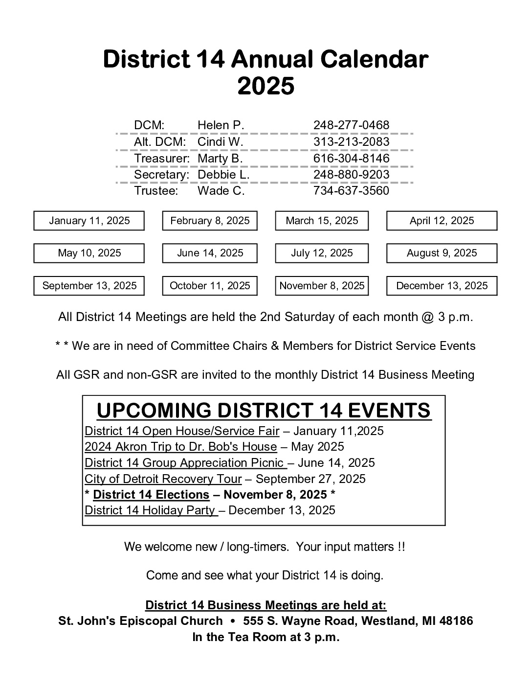 District 14 2025 Calendar